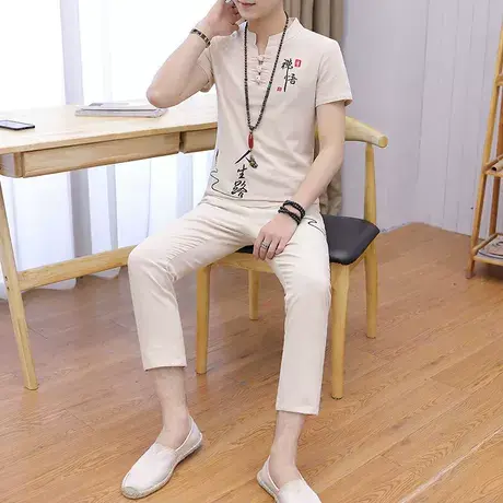 夏季棉麻套装男亚麻短袖t恤潮流中国风秀字新款 一套衣男装二件套商品大图