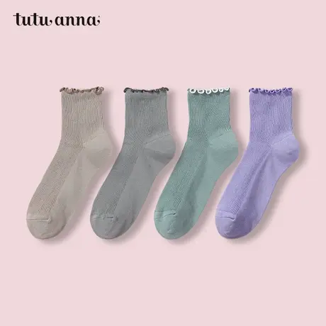 tutuanna女袜 春秋棉质纯色蝴蝶结短袜15cm 木耳边柔软透气不勒脚商品大图