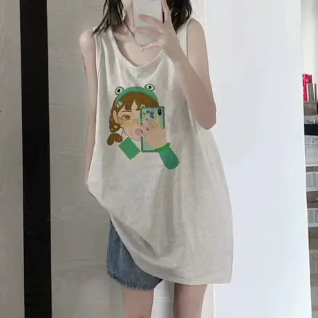 美式复古纯棉吊带运动坎肩背心无袖t恤女夏季外穿宽松篮球服上衣商品大图
