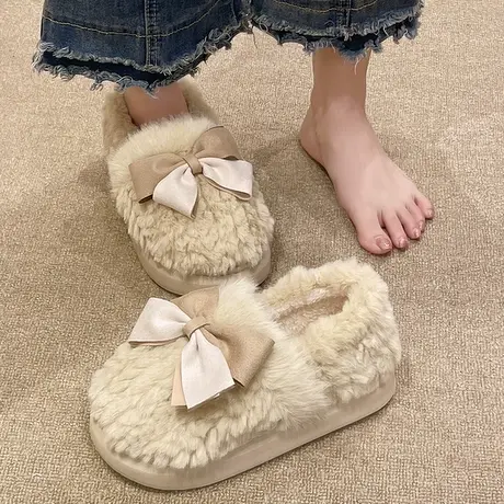 可爱蝴蝶结棉拖鞋女冬季外穿室内厚底防滑保暖包跟毛毛绒月子棉鞋商品大图