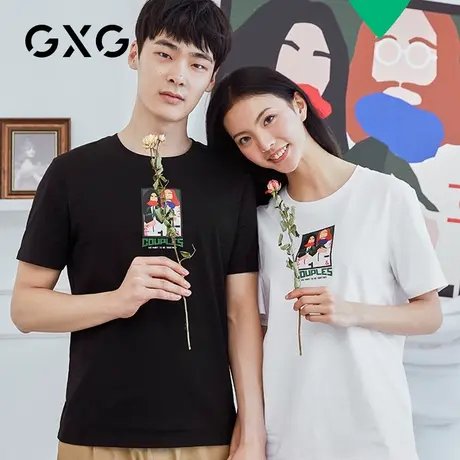 GXG男装 夏季黑色情侣装潮流打底衫圆领印花短袖T恤男#GY144316C图片