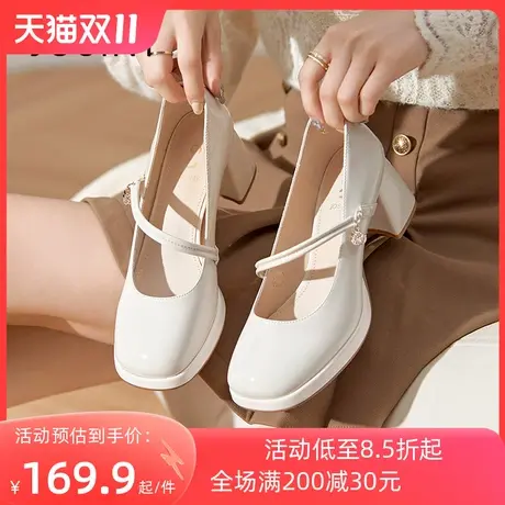 卓诗尼2023秋季新款粗跟小皮鞋潮流气质单鞋时尚舒适仙女风高跟鞋图片