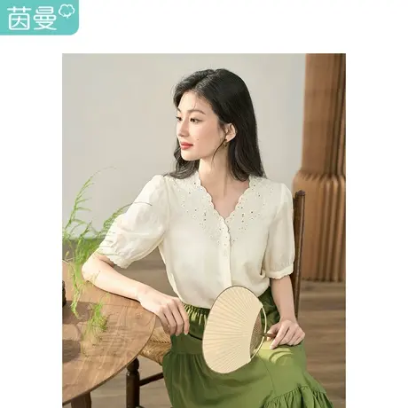 【商场同款】茵曼苎麻莱赛尔衬衣2023秋季女装新款V领刺绣上衣商品大图