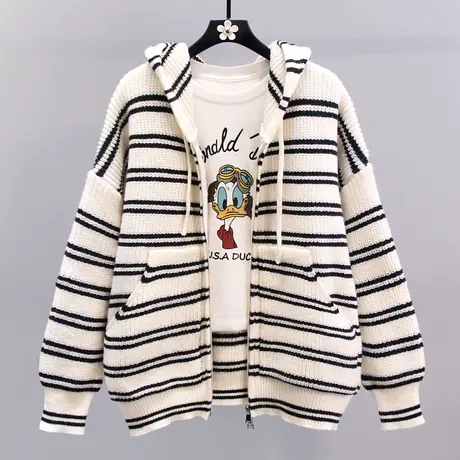 复古条纹连帽毛衣外套女秋冬2023新款宽松慵懒风休闲长袖针织开衫商品大图
