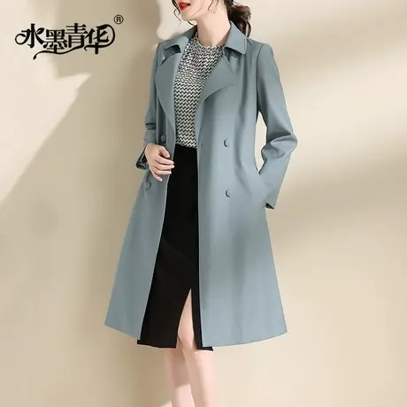 水墨青华冬季新款时尚过膝风衣大衣百搭中长款西装外套女图片