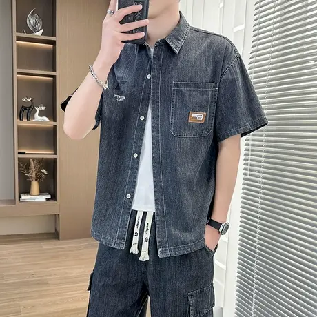 2025新款夏季短袖套装男痞帅气潮流行男生牛仔衬衫搭配一套衬衣服商品大图