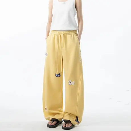 卡通小狗贴布绣直筒阔腿运动卫裤女夏季垂感宽松显瘦弯刀休闲裤商品大图
