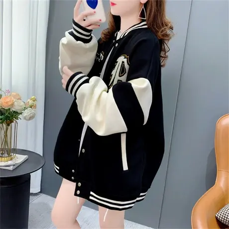 休闲学院风加绒卫衣开衫女秋冬2022年新款韩版宽松加厚棒球服外套商品大图