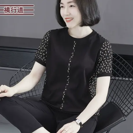 2023夏季新款韩版简约圆领碎花拼接宽松短袖T恤大码上衣女装外穿图片