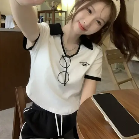 纯欲别致甜辣性感短款露脐polo衫上衣设计感小众短袖V领t恤女夏季商品大图