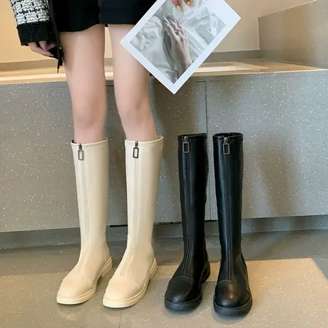 长筒靴子女2023年新款秋冬加绒平底前拉链高筒不过膝白色骑士长靴图片