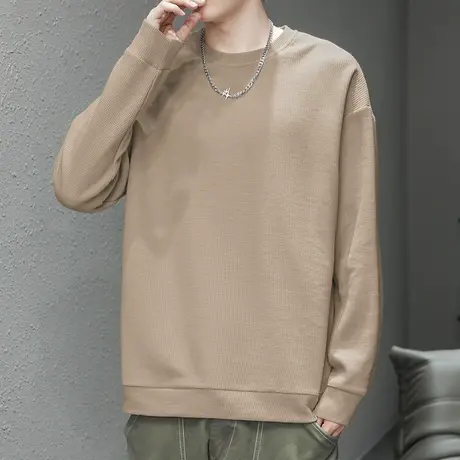 重磅华夫格卫衣男秋冬款加绒加厚圆领长袖t恤保暖纯色无帽上衣服商品大图