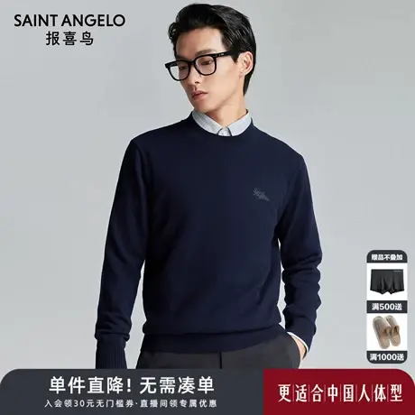 报喜鸟秋季新款男士时尚休闲羊毛衫上衣百搭打底圆领毛衣星宇蓝男图片