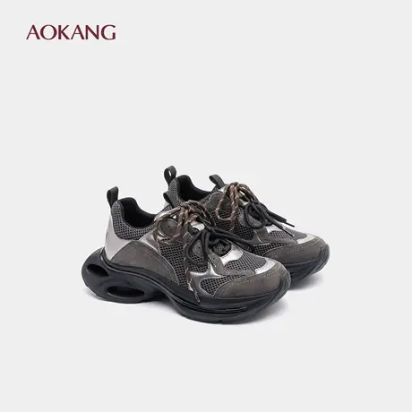 奥康 女鞋春秋厚底老爹鞋拼色绑带增高复古户外休闲运动鞋图片