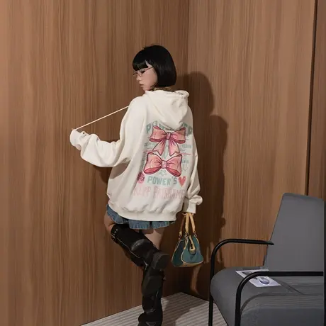 YEP蝴蝶结连帽卫衣女春秋2025新款加厚美式帽衫宽松印花外套加绒商品大图