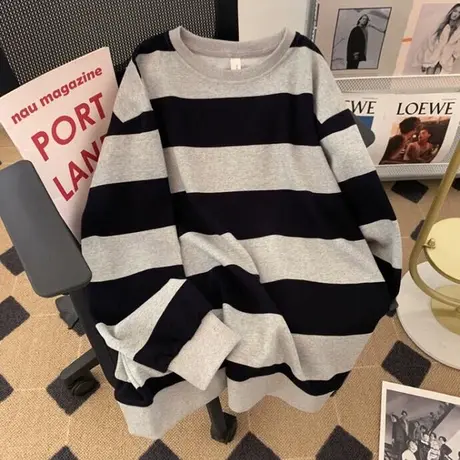 oversize宽松条纹无帽卫衣女韩版百搭显瘦春秋季薄款小众上衣外套商品大图