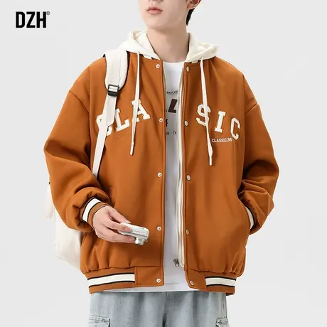 男士美式棒球服男外套春秋款假两件上衣休闲运动连帽外衣夹克男装商品大图