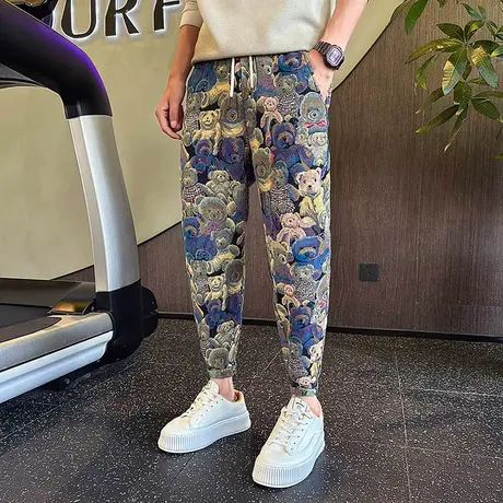 秋季休闲裤满印卡通小熊束脚哈伦男裤个性修身韩版痞帅小脚卫裤图片