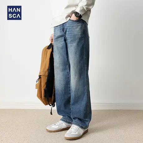hansca复古美式水洗弹力牛仔裤2025新款男直筒宽松阔腿青少年长裤商品大图
