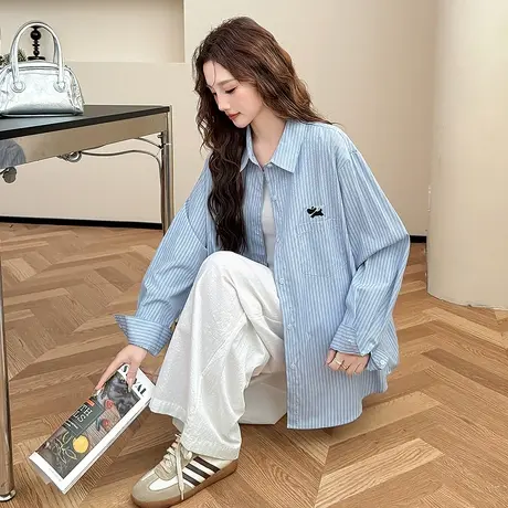 唐狮春秋条纹衬衫女长袖浅蓝色休闲宽松刺绣小狗可爱风衬衣BLtu商品大图