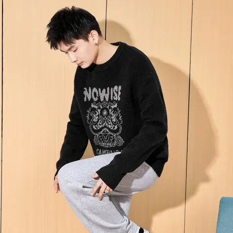 唐狮秋冬季新款毛衣男生黑色圆领针织毛衫青少年套头醒狮国潮TE商品大图