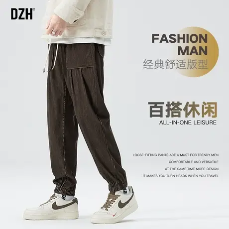 男士咖啡色束脚裤子男款美式高街2023新款宽松运动裤休闲长裤男款商品大图