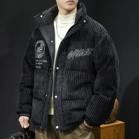 新国标80鸭绒羽绒服男冬季2023新款条纹潮牌大码男士外套短款立领商品大图