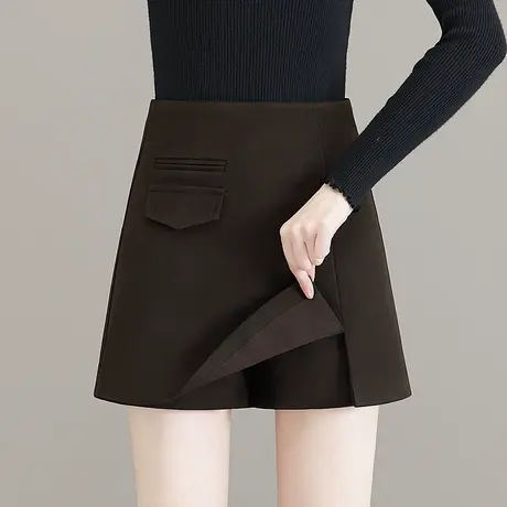 毛呢半身裙女秋冬季2023高腰显瘦一体短裙裤简约后开叉御姐范靴裤图片