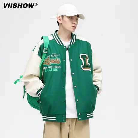 VIISHOW复古毛巾绣字母棒球服男潮牌pu皮美式宽松bf百搭休闲外套商品大图
