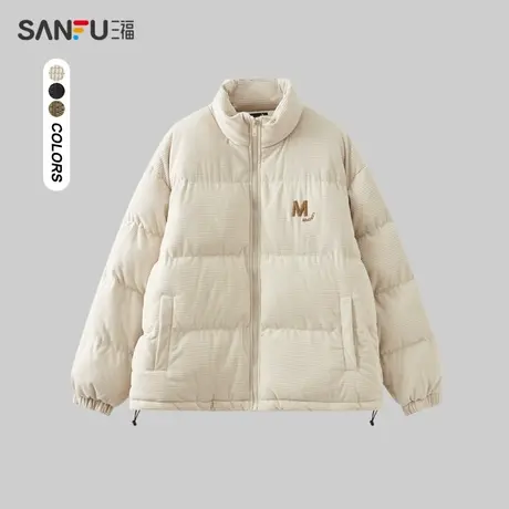 三福2023冬男士华夫格灯芯绒短棉衣 时尚字母立领外套男472948商品大图