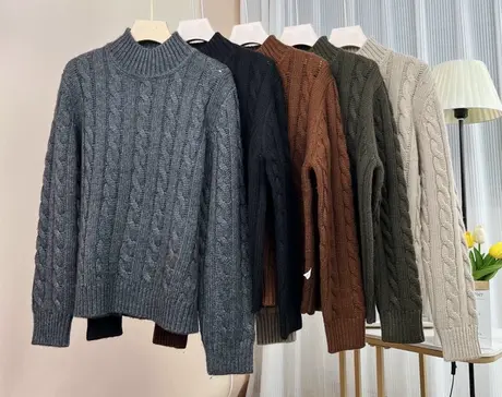 享永子【100%绵羊毛】麻花套头针织衫女半高领绞花毛衣外套宽松图片