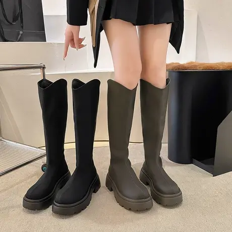 小个子显瘦v口长筒靴女秋冬2023新款复古高筒厚底炸街百搭骑士靴图片