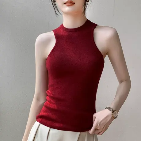 羊毛针织背心女2023秋冬新款露肩性感修身工字西装内搭打底衫图片
