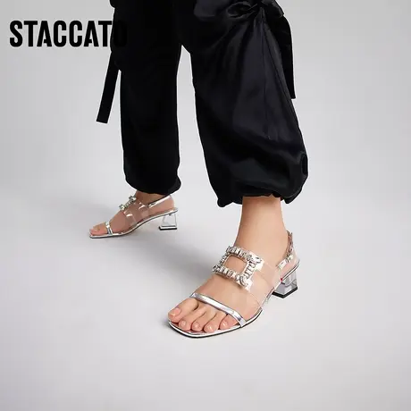 思加图新款氧气水晶鞋仙女风一字带透明粗跟凉鞋EBI32BL3商品大图