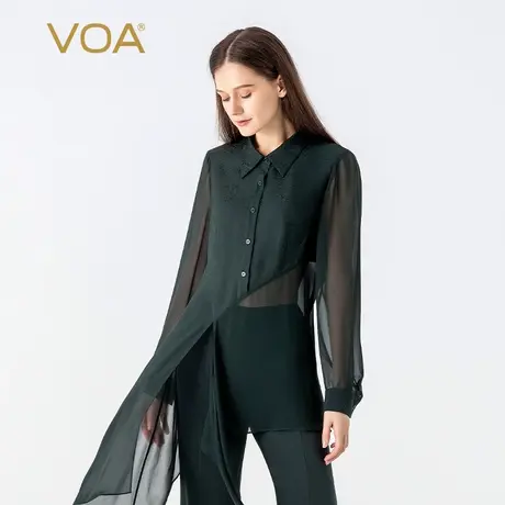 VOA桑蚕丝暗纹提花POLO领长袖单排扣拼接乔其中长款直筒真丝衬衫图片