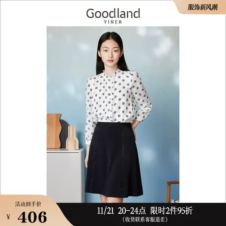 Goodland美地女装2023春季复古波点印花木耳花边长袖衬衫上衣商品大图