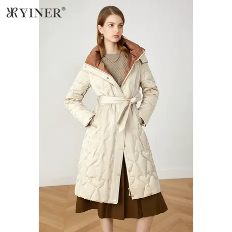 YINER音儿奥莱女装冬季长款系带撞色连帽羽绒服商品大图