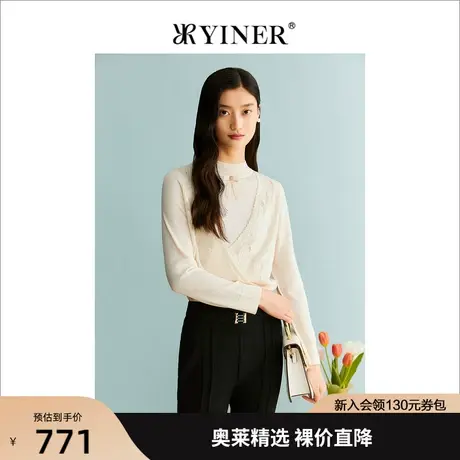YINER音儿女装2023秋季新款蝴蝶结蚕丝羊毛混纺针织衫商品大图