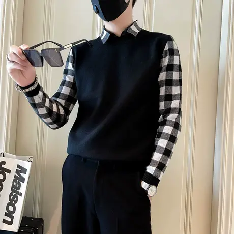 假两件毛衣男秋冬拼接格子设计感青少年休闲翻领穿搭衬衫领针织衫商品大图