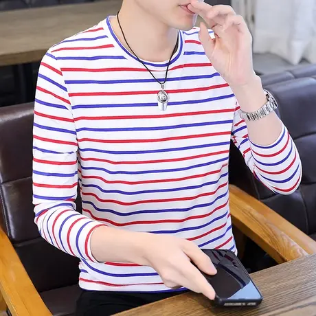 春秋装长袖T恤男圆领卫衣条纹汗衫春季休闲上衣青年男装潮流秋衣商品大图