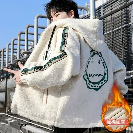 潮牌羊羔绒外套男士冬季休闲连帽学生颗粒绒棉衣加厚加棉保暖夹克图片