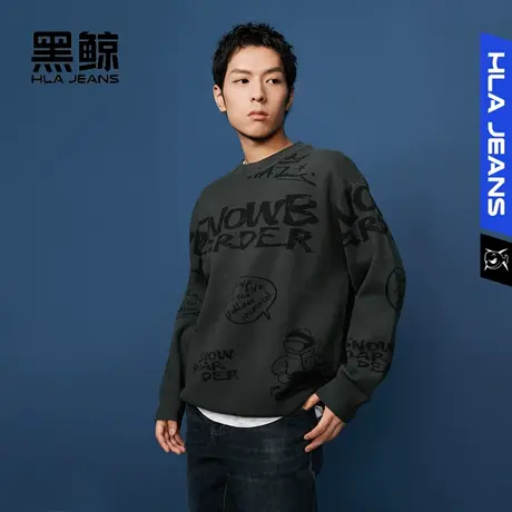 黑鲸HLAJEANS海澜之家旗下潮牌满身提花针织衫男趣味圆领套头衫男图片