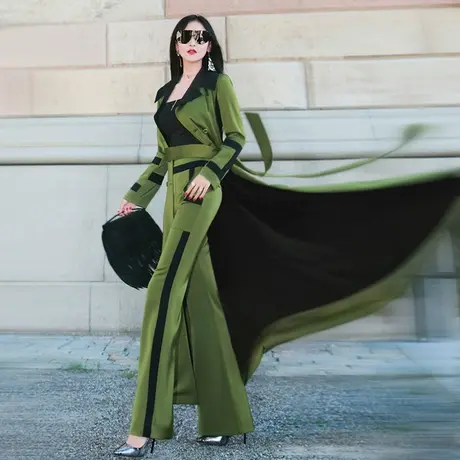 VJE春季撞色拼接休闲裤女新款时尚修身显瘦高腰气质长裤图片