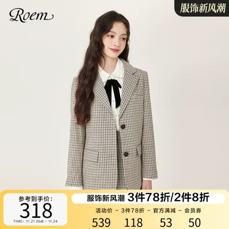 ROEM春秋 新品细格纹学院风休闲宽松小西装外套甜美女复古通勤商品大图