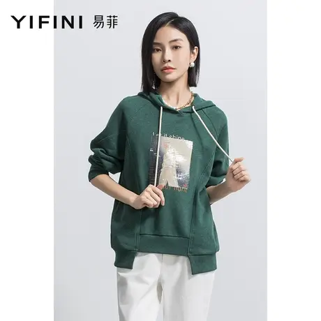 Yifini/易菲春秋新款宽松设计感不规则卫衣套头连帽绿色潮图片