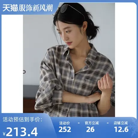 嘉茱莉2023秋季新款复古格子衬衫外套女POLO领宽松上衣小众衬衣商品大图