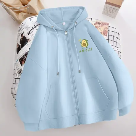 蓝色春秋连帽外套女士宽松韩版秋季上衣2023年新款拉链开衫卫衣潮商品大图