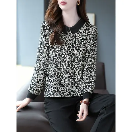 宝诗黎翻领蝙蝠袖印花雪纺衫休闲上衣2024春季新款长袖宽松薄衬衣商品大图