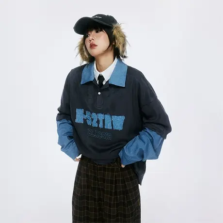 美式复古假两件卫衣女春秋2024新款潮牌宽松POLO领贴布绣情侣上衣图片
