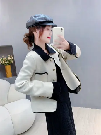 网红撞色小香风毛呢外套女2023年秋冬新款宽松设计感小个子上衣潮图片